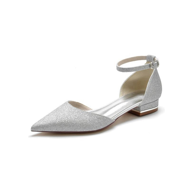 Pointed Toe Crystal Ankle Strap Low Heels