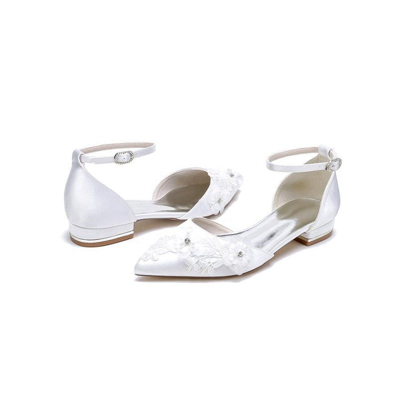 Pointed Toe Ankle Strap Low Heels with Lace