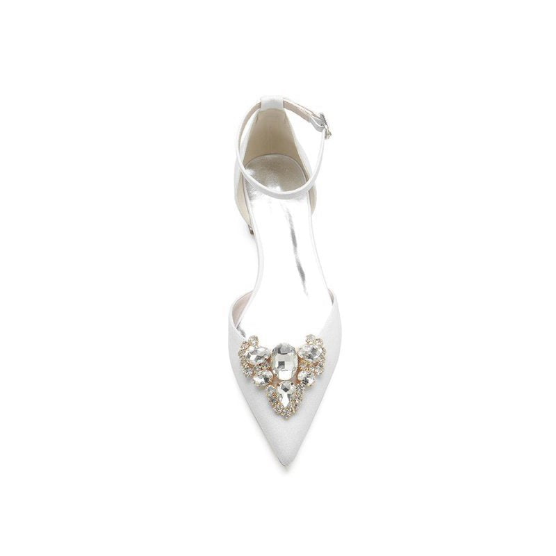 Simple Glitter Pointed Toe Ankle Strap Low Heels with Rhinestone