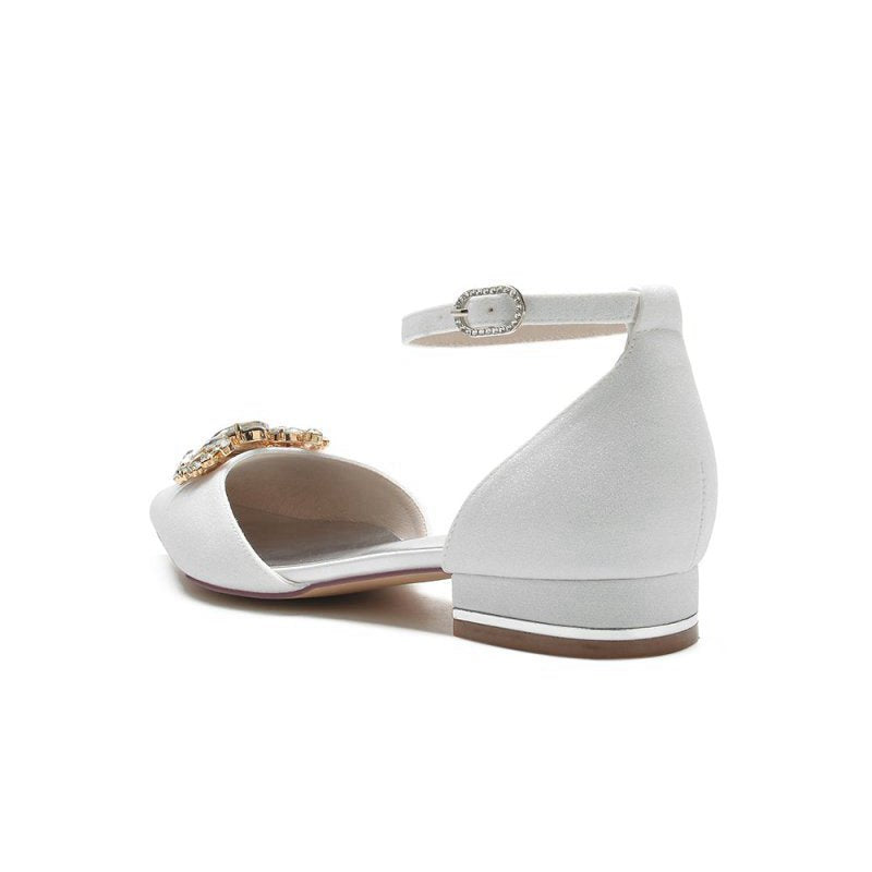 Simple Glitter Pointed Toe Ankle Strap Low Heels with Rhinestone