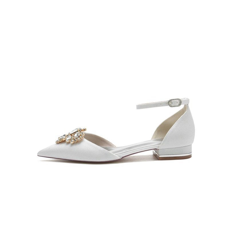Simple Glitter Pointed Toe Ankle Strap Low Heels with Rhinestone