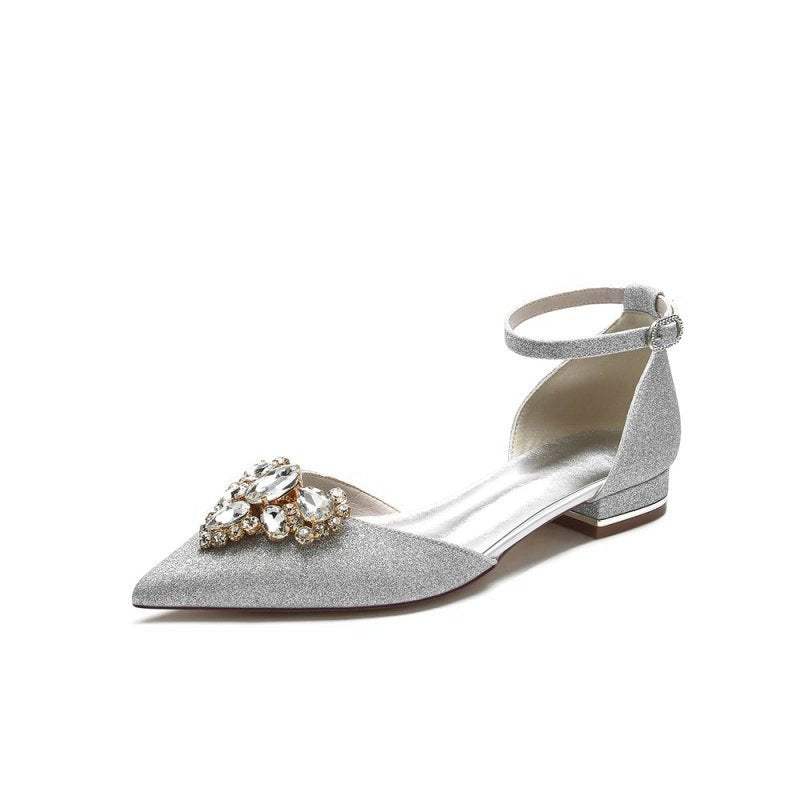 Simple Glitter Pointed Toe Ankle Strap Low Heels with Rhinestone