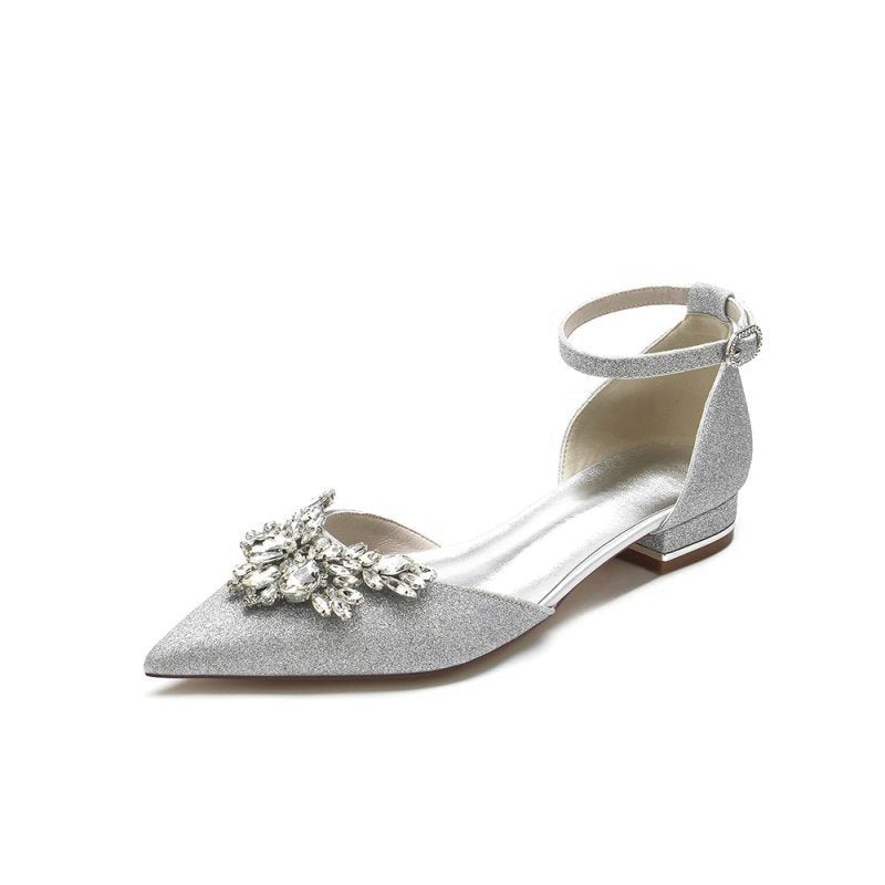 Casual Pointed Toe Ankle Strap Low Heels with Rhinestone