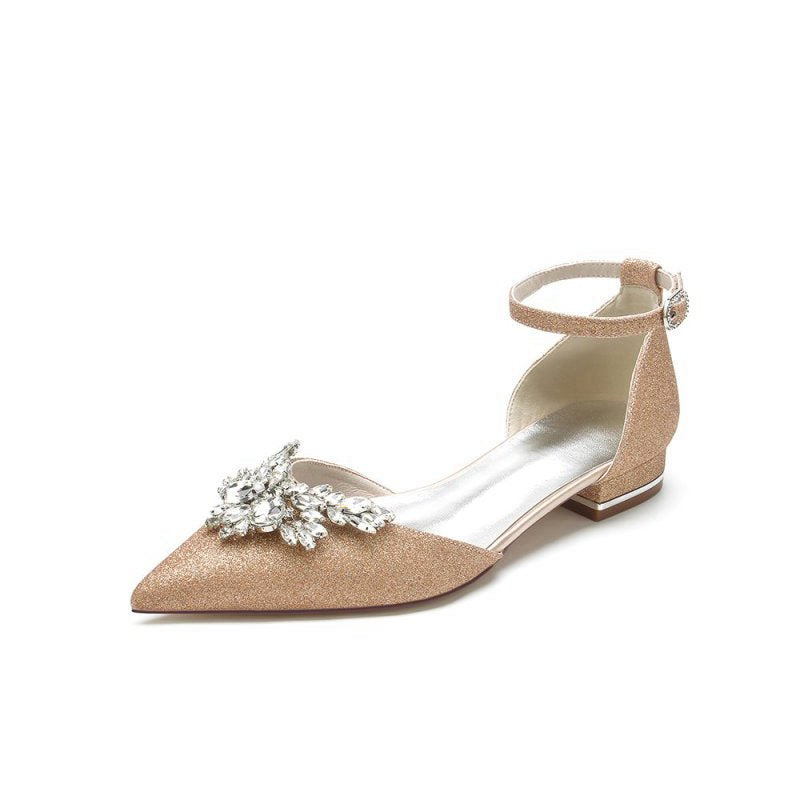Casual Pointed Toe Ankle Strap Low Heels with Rhinestone