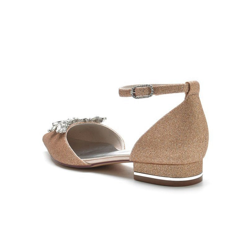 Casual Pointed Toe Ankle Strap Low Heels with Rhinestone