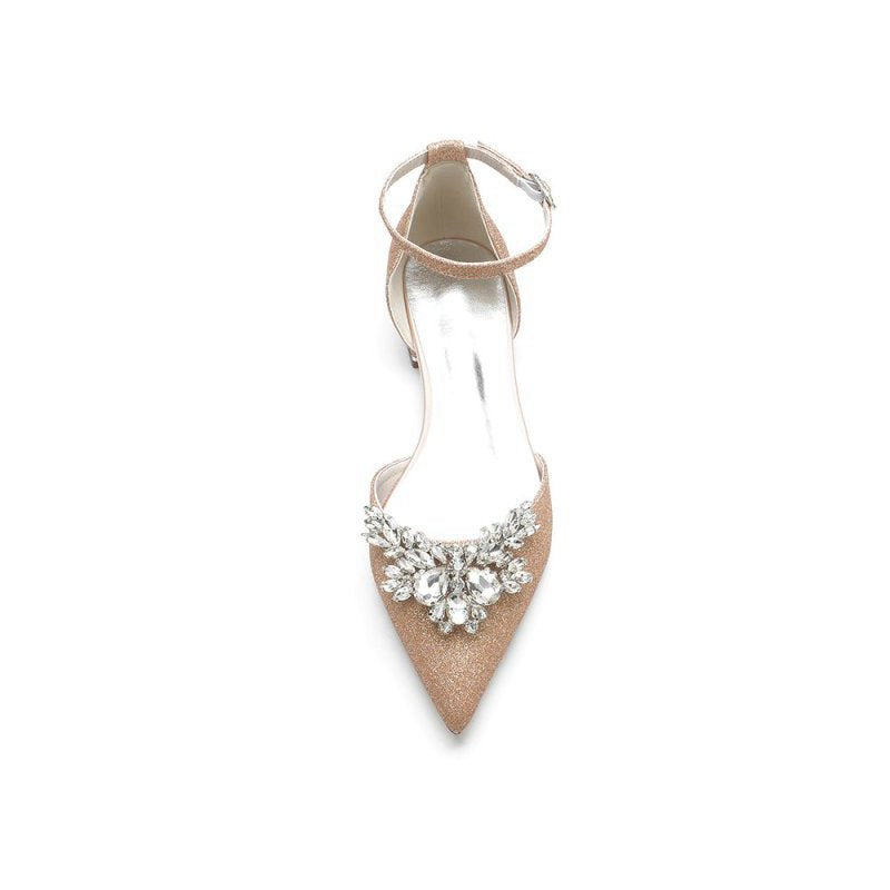 Casual Pointed Toe Ankle Strap Low Heels with Rhinestone