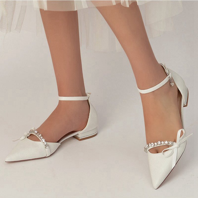 Glitter Pointed Toe Low Heels Wedding Shoes with Bow