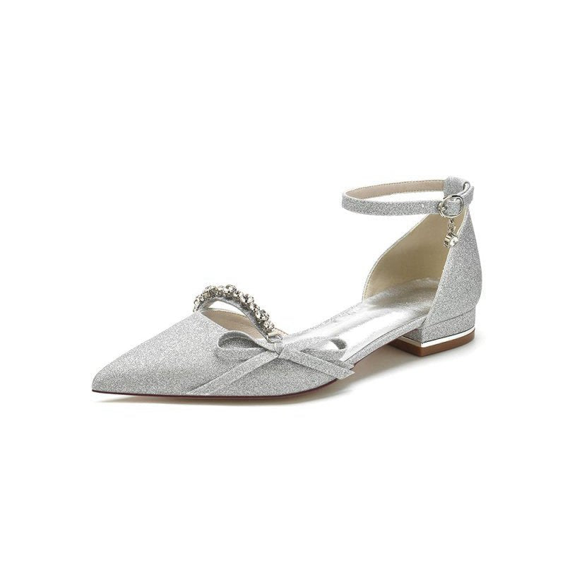 Glitter Pointed Toe Low Heels Wedding Shoes with Bow