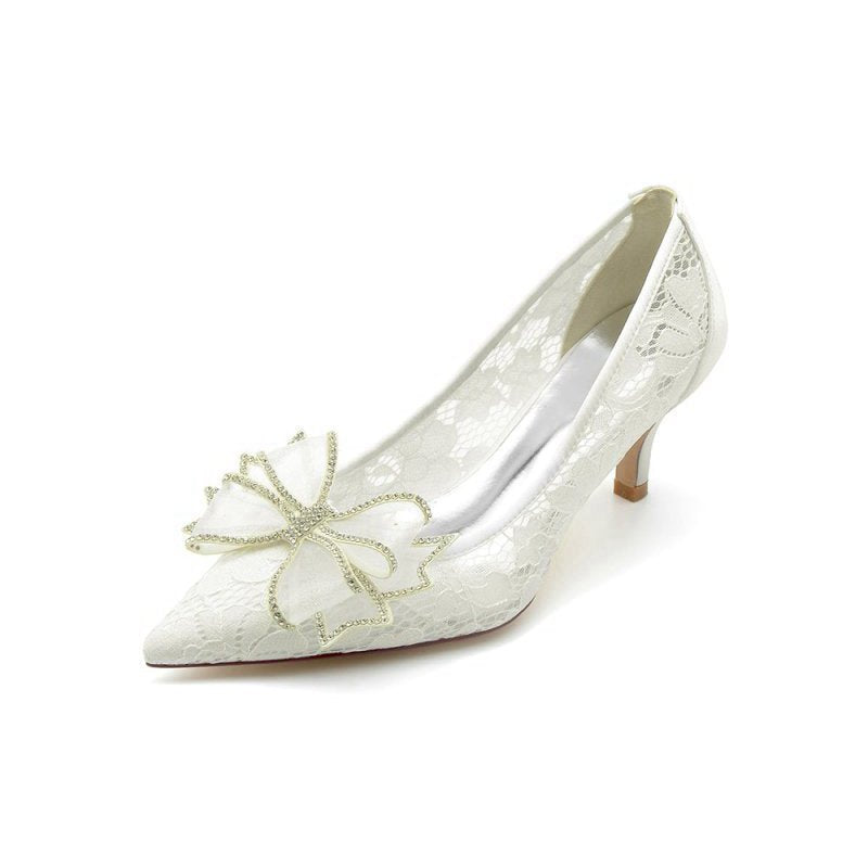 Elegant Pointed Toe Lace Mesh Hollow Out High Heels with Bow