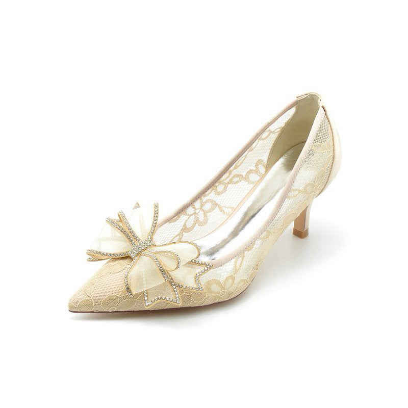 Elegant Pointed Toe Lace Mesh Hollow Out High Heels with Bow