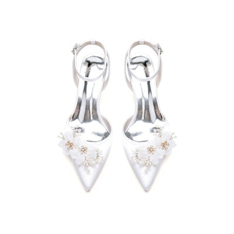 Elegant Ankle Strap Pointed Toe High Heels with Rhinestone Flower