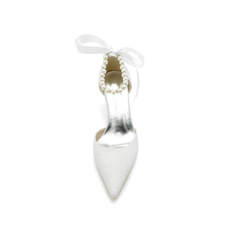 Pointed Toe Glitter Crystal Ribbons Faux Pearl Pumps