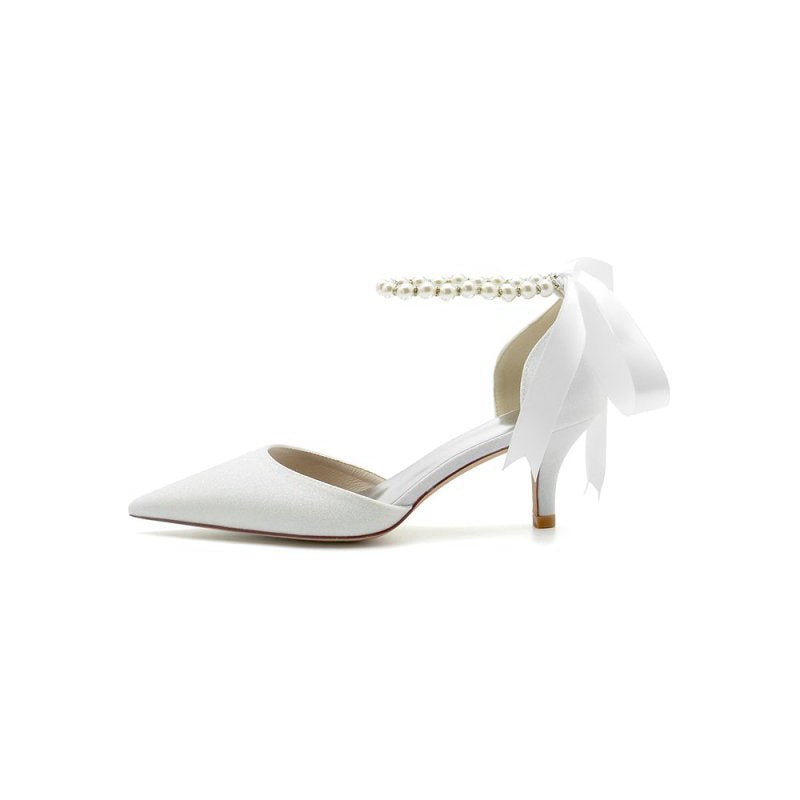 Pointed Toe Glitter Crystal Ribbons Faux Pearl Pumps