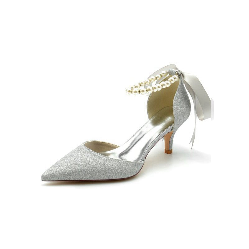 Pointed Toe Glitter Crystal Ribbons Faux Pearl Pumps