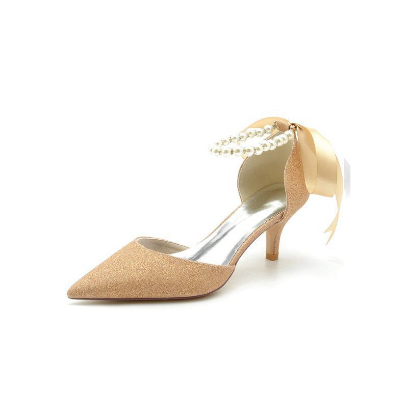 Pointed Toe Glitter Crystal Ribbons Faux Pearl Pumps