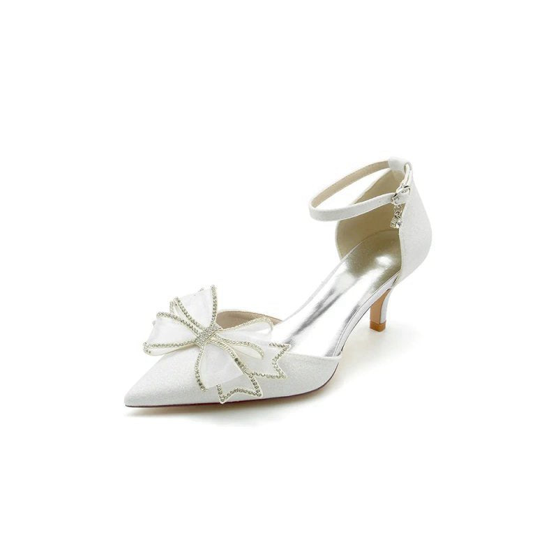Ankle Strap Pointed Toe Glitter Crystal Wedding Shoes with Bow