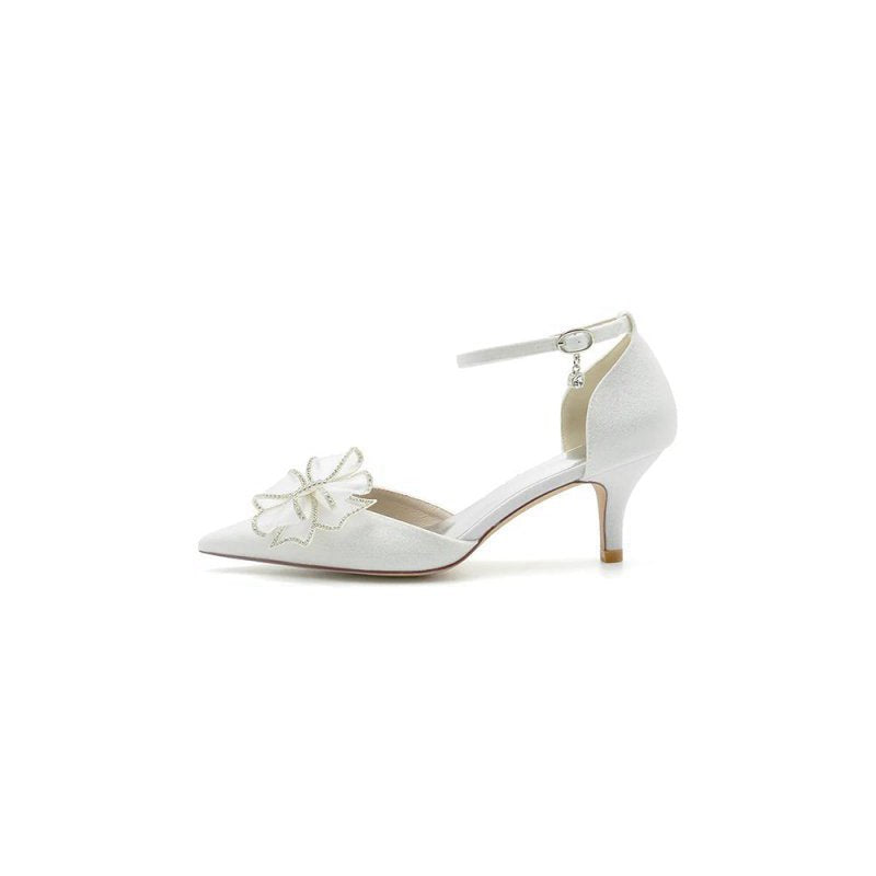 Ankle Strap Pointed Toe Glitter Crystal Wedding Shoes with Bow
