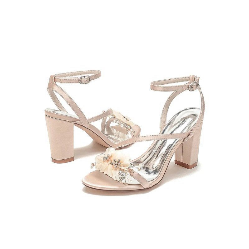 Open Toe Ankle Strap Chunky Heels with Rhinestone Flower