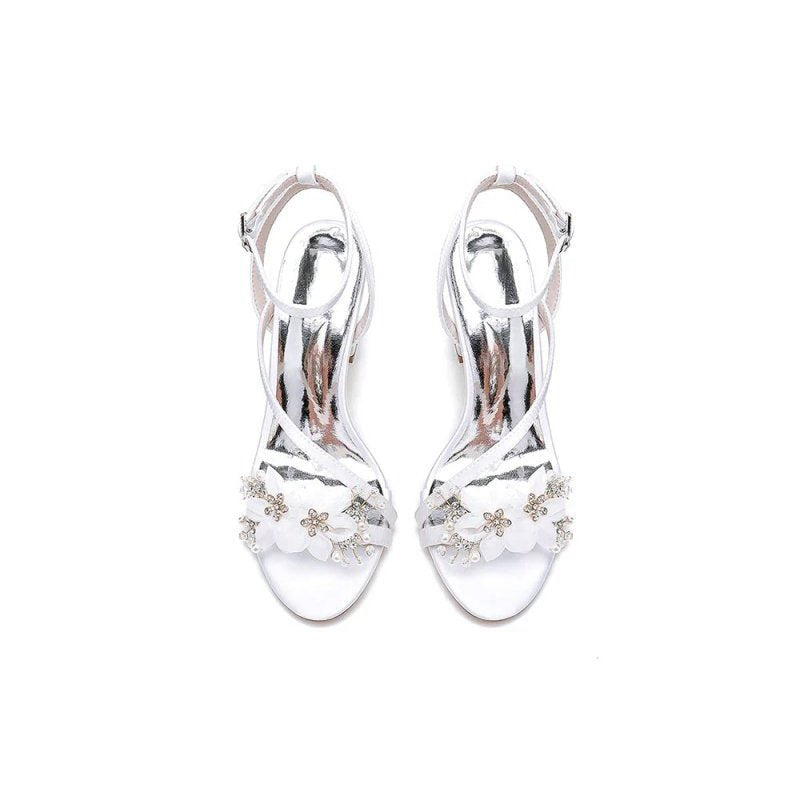 Open Toe Ankle Strap Chunky Heels with Rhinestone Flower