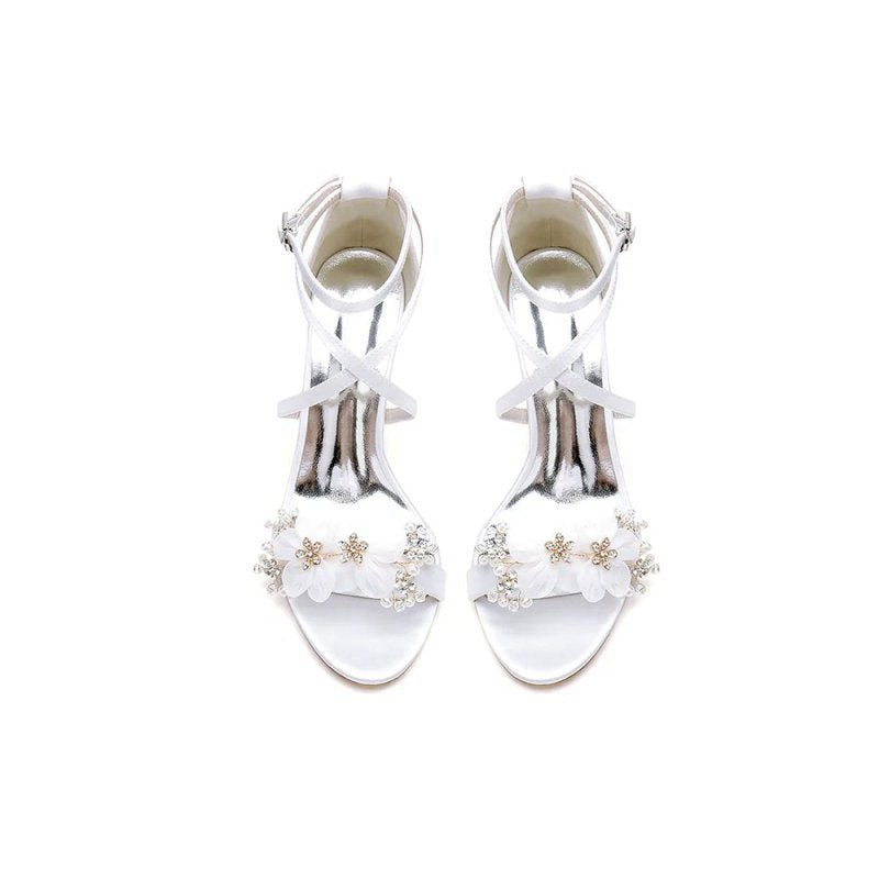 Chic Open Toe Rhinestone Flower Ankle Strap Chunky Heels
