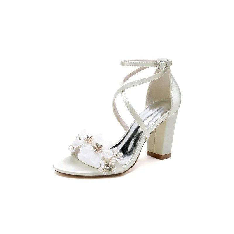 Chic Open Toe Rhinestone Flower Ankle Strap Chunky Heels