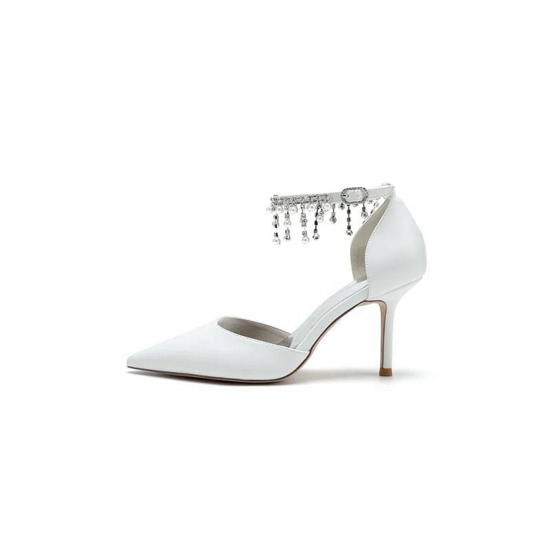Satin Ankle Strap Pearl Beaded Satin Wedding Shoes