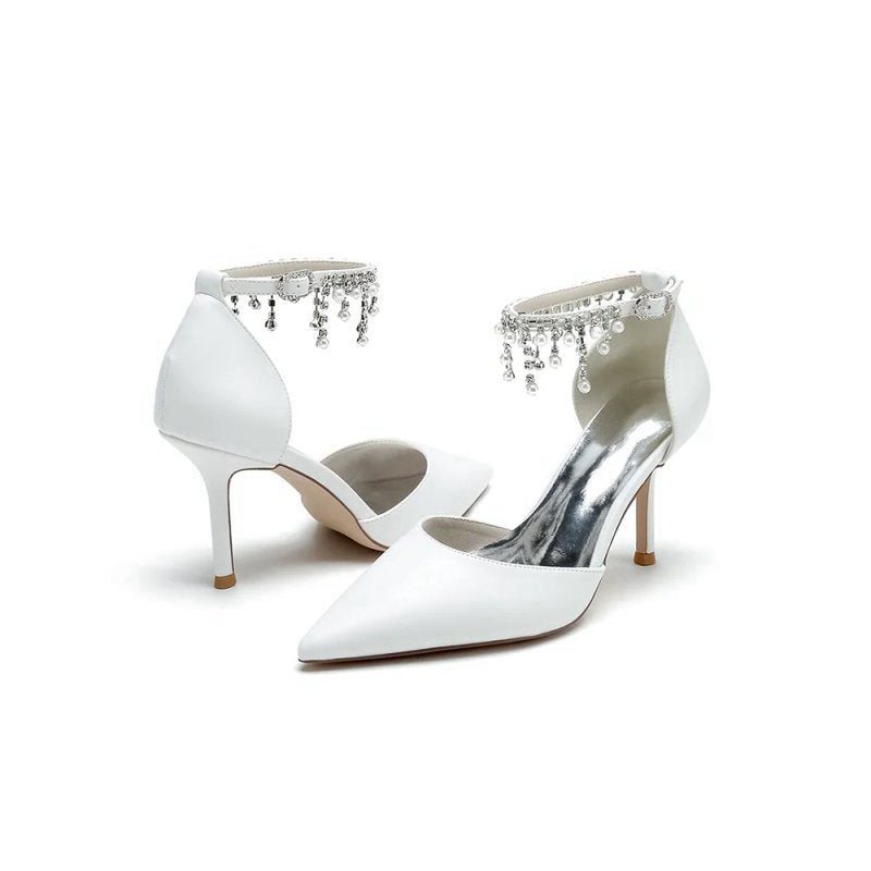 Satin Ankle Strap Pearl Beaded Satin Wedding Shoes