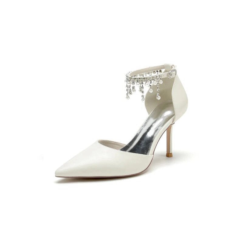 Satin Ankle Strap Pearl Beaded Satin Wedding Shoes