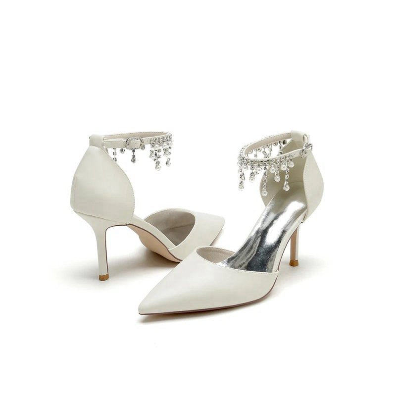 Satin Ankle Strap Pearl Beaded Satin Wedding Shoes