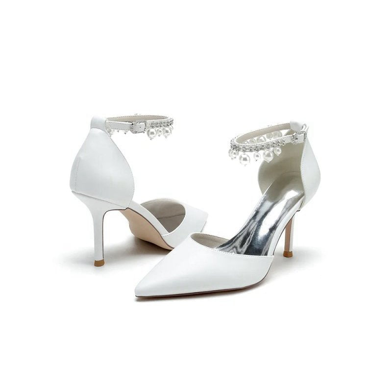 Satin Pointed Toe Pearl Beaded Ankle Strap Simple Wedding Shoes