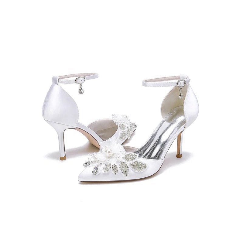 Elegant Ankle Strap Wedding Shoes With Rhinestone Flower