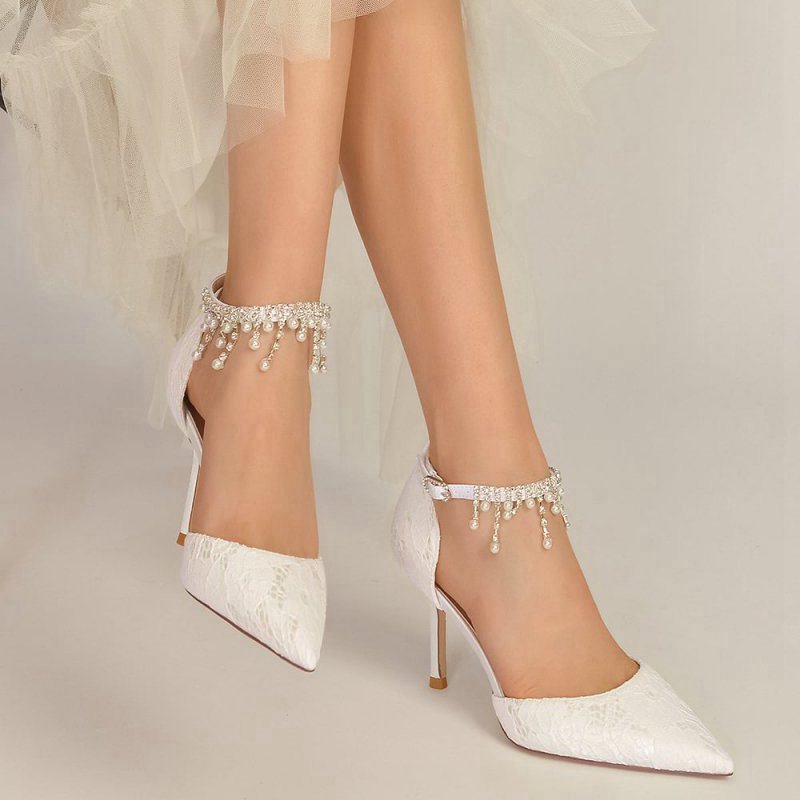 Elegant Ankle Strap Pearl Beaded Wedding Shoes