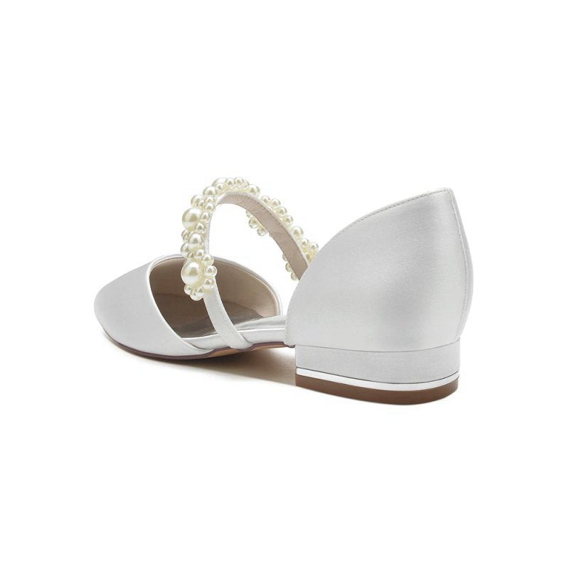 Sweet Round Toe Retro Pearl Strap Low Heels