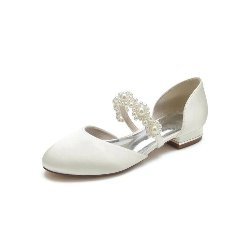 Sweet Round Toe Retro Pearl Strap Low Heels