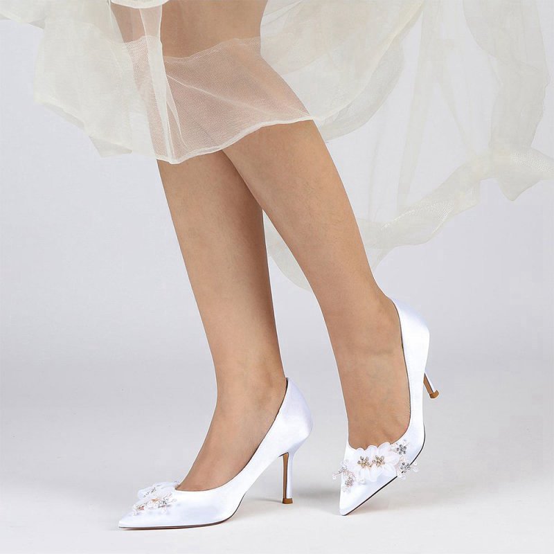 Satin Wedding Shoes Stiletto Heel With Rhinestone Flower