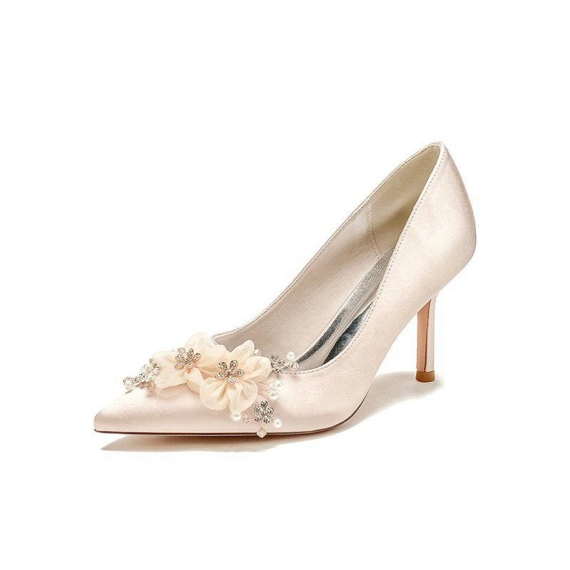 Satin Wedding Shoes Stiletto Heel With Rhinestone Flower