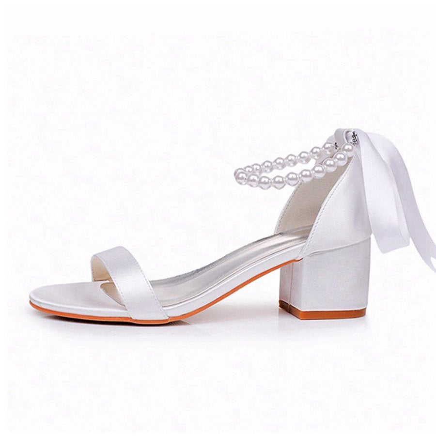 Single Strap Chunky Heels Sandals with Beaded Ribbons