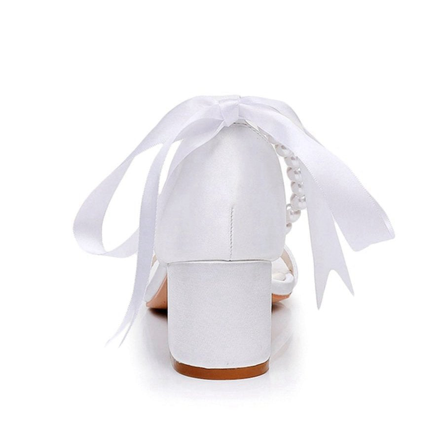 Single Strap Chunky Heels Sandals with Beaded Ribbons