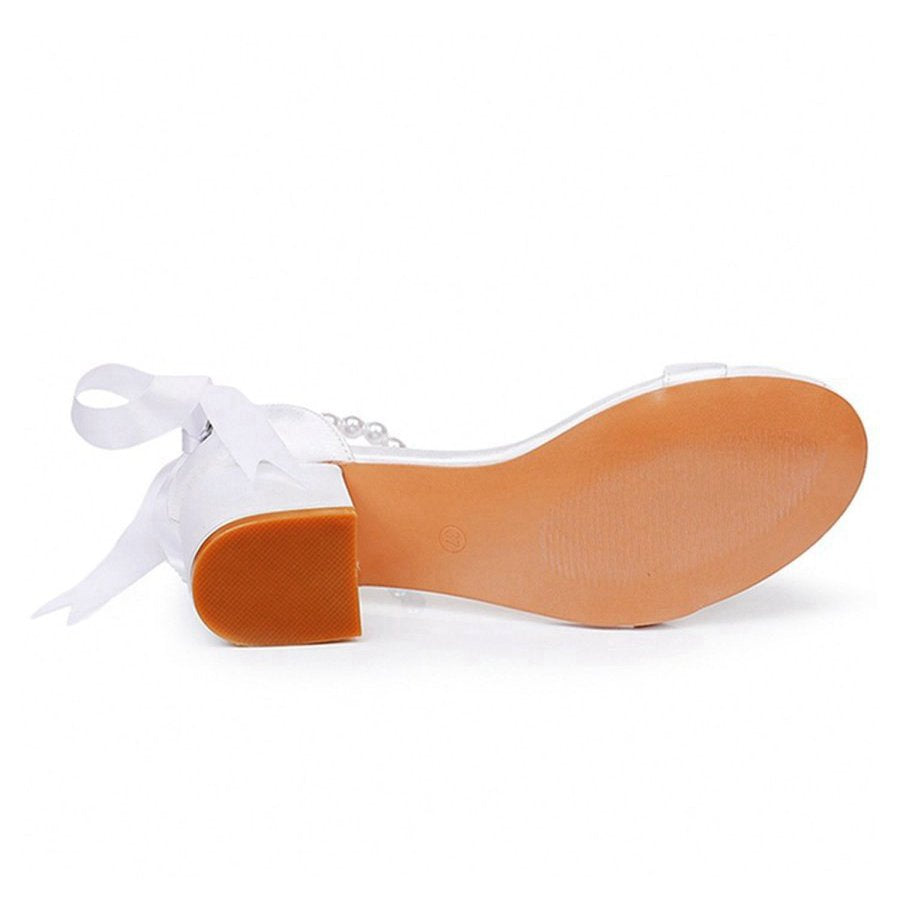 Single Strap Chunky Heels Sandals with Beaded Ribbons