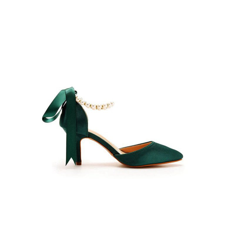 Satin Pearl Ribbon Tie Pointed Toe Ankle Strap High Heels