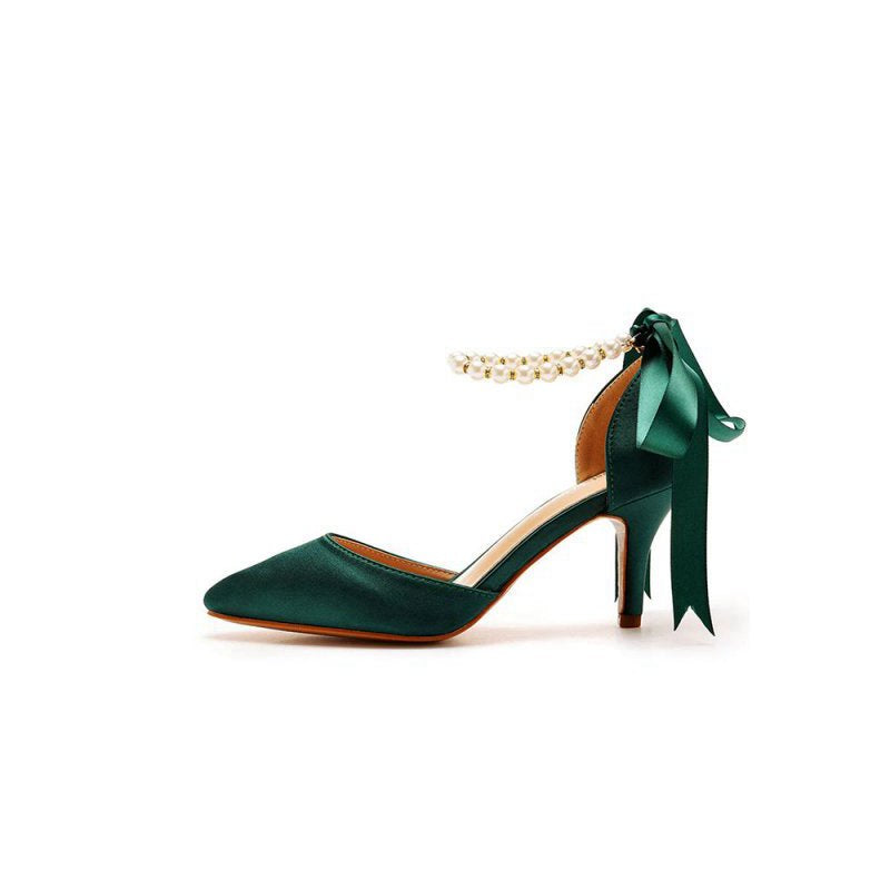 Satin Pearl Ribbon Tie Pointed Toe Ankle Strap High Heels