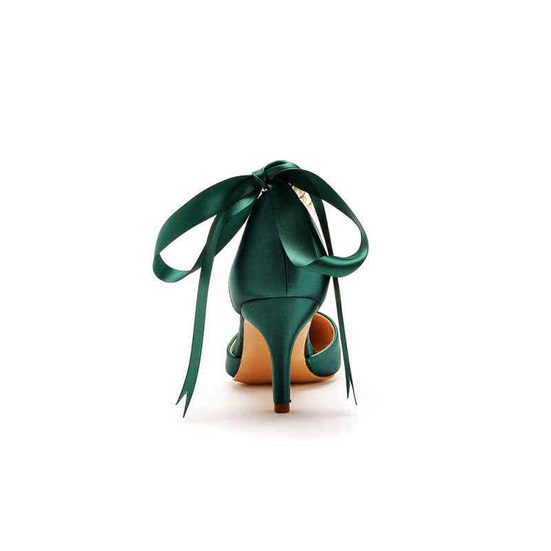 Satin Pearl Ribbon Tie Pointed Toe Ankle Strap High Heels