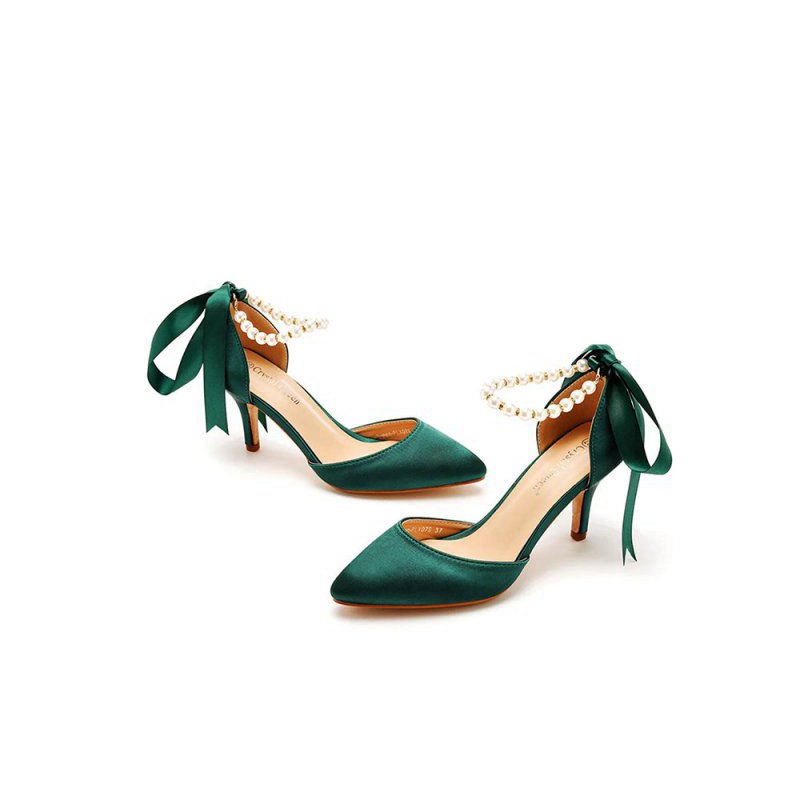 Satin Pearl Ribbon Tie Pointed Toe Ankle Strap High Heels