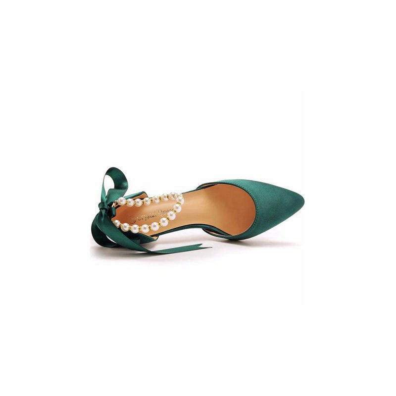 Satin Pearl Ribbon Tie Pointed Toe Ankle Strap High Heels