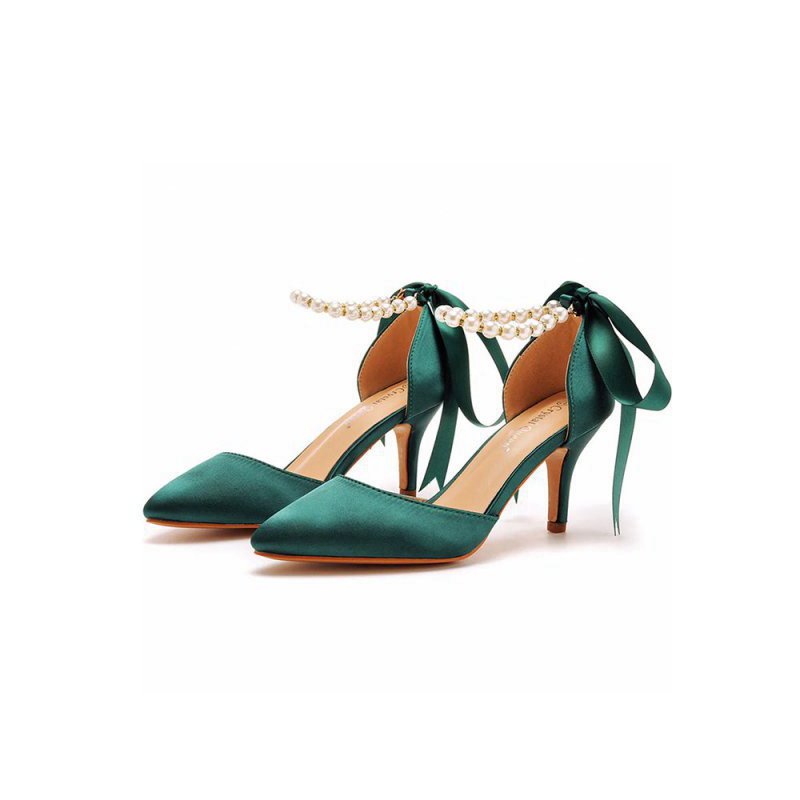 Satin Pearl Ribbon Tie Pointed Toe Ankle Strap High Heels