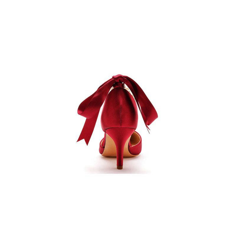 Satin Pearl Ribbon Tie Pointed Toe Ankle Strap High Heels