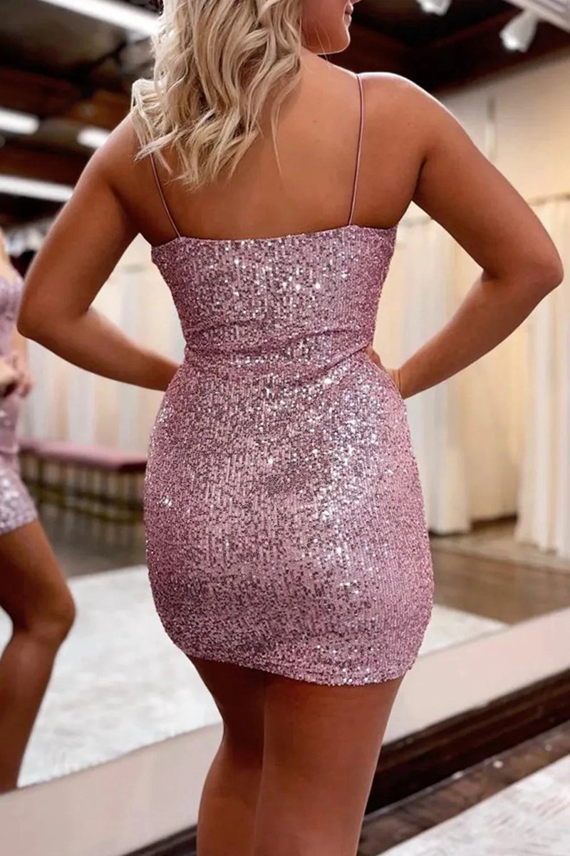 Sheath Spaghetti Straps Sequin Backless Homecoming Dresses