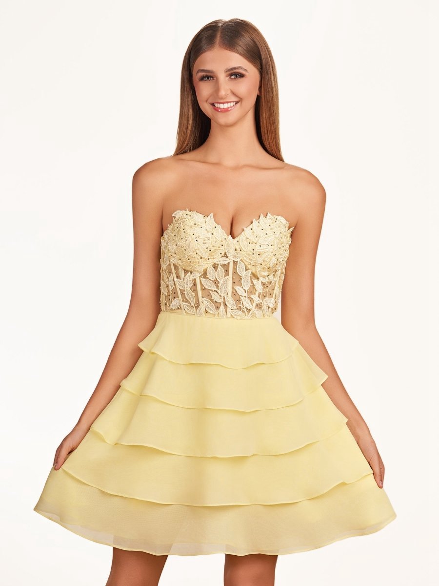 A-line Strapless Tie Corset Short Homecoming Dresses with Appliques