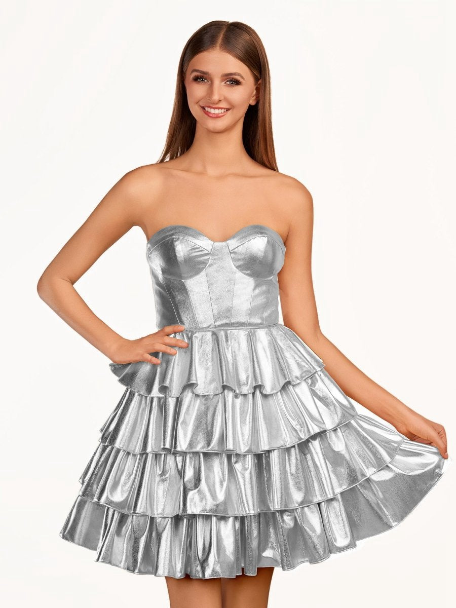 A-line Sweetheart Gold Metallic Ruffle Homecoming Dresses