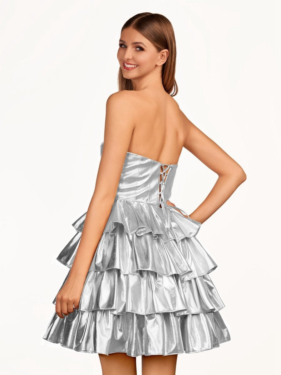 A-line Sweetheart Gold Metallic Ruffle Homecoming Dresses